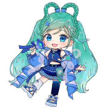 1girl :d asymmetrical_legwear bare_shoulders blue_eyes blue_jacket blue_sandals blue_shirt blue_skirt blue_thighhighs blush braid braided_hair_rings commentary_request full_body green_hair green_nails hair_rings hatsune_miku highres jacket long_hair long_sleeves looking_at_viewer magical_mirai_(vocaloid) magical_mirai_miku magical_mirai_miku_(2025) midriff mismatched_legwear mofmama nail_polish navel off_shoulder open_clothes open_jacket open_mouth sandals shirt simple_background skirt sleeveless sleeveless_shirt smile socks solo standing thighhighs toeless_legwear twintails uneven_legwear very_long_hair vocaloid watermark white_background white_socks