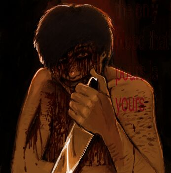 1boy :d backlighting black_eyes bleeding blood blood_from_forehead blood_on_arm blood_on_face carpwood crazy_eyes crazy_grin cry_of_fear deep_wound english_text holding holding_knife injury knife looking_at_viewer male_focus no_shirt open_mouth red_pupils self-harm simon_henriksson simon_henriksson_(book) smile solo wrist_cutting