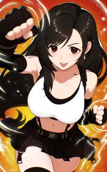 Rule 34 | 1girl, arm up, black hair, black skirt, black thighhighs, breasts, cleavage, clenched hands, collarbone, commentary, crop top, earrings, elbow gloves, english commentary, final fantasy, final fantasy vii, final fantasy vii remake, fingerless gloves, floating hair, gloves, jewelry, large breasts, long hair, low-tied long hair, midriff, miniskirt, navel, orange background, red eyes, revenantart, skirt, solo, stomach, suspender skirt, suspenders, tank top, thighhighs, thighs, tifa lockhart, very long hair, white tank top, zettai ryouiki