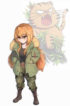 1girl absurdres aisaka_taiga belt black_shirt blush boots breasts brown_eyes camouflage camouflage_pants coat commentary cosplay english_commentary fangs fluffkaiser full_body green_jacket hands_in_pockets highres jacket lace-up_boots leather_belt long_hair name_connection open_clothes open_coat palmtop_tiger pants ryuu_ga_gotoku_(series) ryuu_ga_gotoku_1 saejima_taiga saejima_taiga_(cosplay) serious shirt simple_background small_breasts solo standing t-shrt toradora! winter_clothes winter_coat