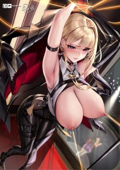 1girl absurdres arm_strap armpits arms_up bdsm black_jacket blonde_hair blush bondage bound bound_wrists breasts breasts_out cian_yo cleavage collared_shirt evelyn_chevalier female_focus highres indoors jacket large_breasts mole mole_on_breast mole_under_eye nipple_piercing nipples no_bra parted_lips piercing purple_eyes shirt solo standing tearing_up wrists_tied_together zenless_zone_zero
