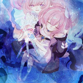 aqua_hair coat commentary_request cyrene_(aedes_elysiae)_(honkai:_star_rail) cyrene_(honkai:_star_rail) cyrene_(ripples_of_past_reverie)_(honkai:_star_rail) diamond-shaped_pupils diamond_(shape) dual_persona highres holding_puzzle_piece honkai:_star_rail honkai_(series) jewelry long_hair mon24may_o1 multicolored_hair necklace pink_hair pointy_ears purple_coat purple_eyes puzzle_piece right-hand_shark short_hair symbol-shaped_pupils two-tone_hair very_long_hair white_hair