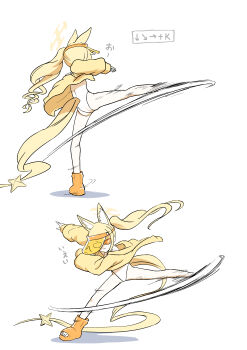 1girl absurdres animal_ear_fluff animal_ears ass bare_legs bare_shoulders bindonkan blonde_hair blue_archive closed_mouth covered_eyes cross_halo dee_jay diamond_cutout extra_ears feet fighting_game fox_ears fox_girl fox_tail gameplay_mechanics halo highleg highleg_one-piece_swimsuit highres jacket kicking leg_up loli long_hair long_sleeves official_alternate_costume official_alternate_hairstyle one-piece_swimsuit orange-tinted_eyewear sandals seia_(blue_archive) seia_(swimsuit)_(blue_archive) side_ponytail simple_background solo street_fighter street_fighter_6 sunglasses swimsuit tail tail_ornament thighs tinted_eyewear toes very_long_hair very_long_tail visor_cap white_background white_one-piece_swimsuit yellow_halo yellow_jacket yellow_sandals yellow_visor