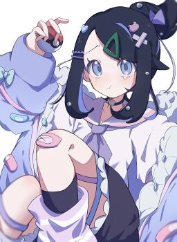 1girl black_hair black_shorts blue_eyes blush closed_mouth cowlick hair_ornament hairclip highres holding holding_poke_ball jacket liko_(pokemon) looking_at_viewer necktie nintendo open_clothes partially_open_jacket pink_shirt poke_ball poke_ball_(basic) pokemon pokemon_(anime) pokemon_horizons seiun_(hoshigumo_72) shirt short_hair shorts smile tears