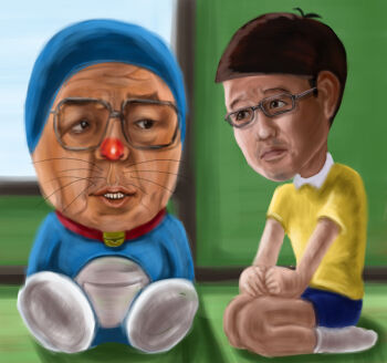 2boys doraemon doraemon_(character) furuta_atsuya multiple_boys nippon_professional_baseball nobi_nobita nomura_katsuya sitting tokyo_yakult_swallows what window
