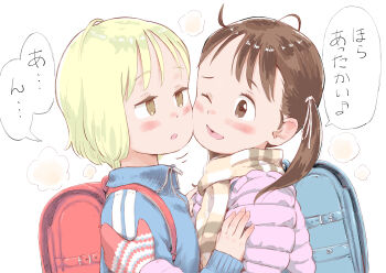 2girls backpack bag blonde_hair blue_jacket brown_eyes brown_hair child coat cold commentary_request highres jacket li_(lithium0522) medium_hair mittens multiple_girls original pink_jacket randoseru scarf short_hair simple_background track_jacket translated twintails white_background winter_clothes winter_coat yuri