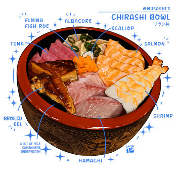 Rule 34 | bowl, commentary, eel, english commentary, english text, fish, food, food focus, no humans, original, roe, salmon, scallop, shrimp, simple background, still life, studiolg, tuna, vegetable, white background