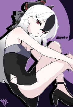 1girl absurdres black_dress black_shoes blue_archive closed_mouth double-parted_bangs dress foot_out_of_frame from_side hair_between_eyes hashtag-only_commentary high_heels highres horns kayoko_(blue_archive) kayoko_(dress)_(blue_archive) long_hair looking_at_viewer multicolored_hair official_alternate_costume pixel_art purple_background red_eyes shoes short_dress side_slit slmnk10124 solo white_hair