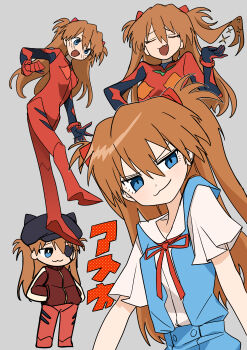 1girl :3 absurdres ben-day_dots blue_eyes brown_hair buttons commentary_request eyepatch fang grey_background hair_flip hands_in_pockets highres jacket long_hair mecha_pilot_suit neon_genesis_evangelion plugsuit_(evangelion) red_jacket red_ribbon ribbon school_uniform screentones shirt skirt souryuu_asuka_langley suspender_skirt suspenders tokyo-3_middle_school_uniform white_shirt yuateheng