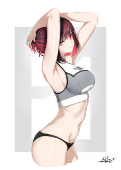 1girl armpits arms_up black_panties black_survival blunt_bangs breasts brown_hair chaciooh colored_inner_hair commentary crop_top estelle_(black_survival) eternal_return:_black_survival groin highres large_breasts looking_at_viewer midriff multicolored_hair navel no_pants panties red_eyes red_hair revision sideboob signature simple_background sleeveless solo sportswear underwear