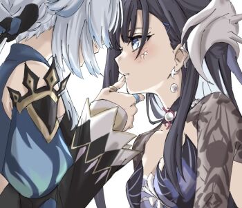 Rule 34 | 2girls, blue dress, blue eyes, blue streaks, blush, breasts, cerydra (honkai: star rail), cleavage, commentary request, dress, earrings, hand on another's chin, honkai: star rail, honkai (series), hysilens (honkai: star rail), jewelry, long hair, multiple girls, purple dress, purple hair, ring, scales, simple background, small breasts, syonosuke9573, thumb ring, upper body, white background, white hair, yuri