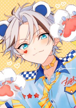 1boy absurdres animal_ears bear_ears bear_paws belt belt_collar black_hair blue_eyes breast_pocket claws closed_mouth collar collared_shirt commentary ensemble_stars! grey_hair heart highres looking_at_viewer male_focus multicolored_hair multicolored_necktie necktie orange_belt pocket polka_dot polka_dot_background r1kuuw shirt short_hair smile solo star_(symbol) streaked_hair symbol-only_commentary taki_ibuki two-tone_hair upper_body