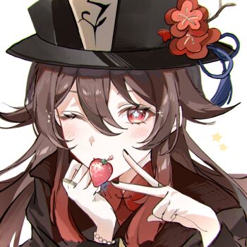 Rule 34 | 1girl, :p, bead bracelet, beads, black hat, black jacket, black nails, bracelet, brown hair, flower, flower-shaped pupils, food, fruit, genshin impact, gradient hair, hair between eyes, hair flaps, hat, hat flower, highres, hu tao (genshin impact), jacket, jewelry, licking lips, light blush, looking at viewer, multicolored hair, multiple rings, nail polish, one eye closed, portrait, red eyes, red flower, red shirt, ring, shirt, simple background, solo, sparkle, star (symbol), strawberry, symbol-shaped pupils, tongue, tongue out, v, white background, yayu yyo430, yellow star