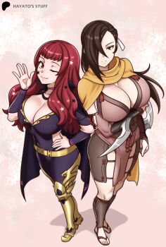 Rule 34 | 2girls, ;), absurdres, artist name, belt, black bodysuit, black cape, bodysuit, breasts, brown eyes, brown hair, cape, choker, cleavage, closed mouth, clothing cutout, commentary, english commentary, facial mark, fire emblem, fire emblem engage, fire emblem fates, fire emblem heroes, from above, full body, hair ornament, hair over one eye, hand on own hip, hayato stuff, high collar, highres, huge breasts, japanese clothes, kagero (fire emblem), large breasts, long hair, looking at viewer, multiple girls, ninja, nintendo, one eye closed, one eye covered, pelvic curtain, pink choker, ponytail, red eyes, red hair, sandals, scarf, shadow, simple background, smile, star (symbol), star facial mark, star hair ornament, toes, white background, yellow belt, yellow scarf, yunaka (fire emblem)