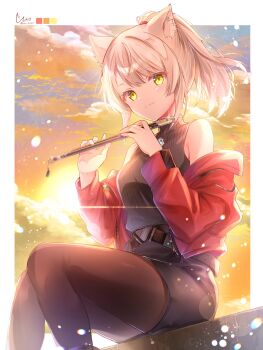1girl animal_ear_fluff animal_ears artist_name bare_shoulders black_shirt black_skirt border borrowed_hairstyle breasts brown_pantyhose cat_ears cat_girl chest_jewel closed_mouth color_guide commentary_request cosplay feet_out_of_frame flute highres holding holding_flute holding_instrument instrument jacket long_sleeves looking_at_viewer mio_(xenoblade) noah_(xenoblade) noah_(xenoblade)_(cosplay) off_shoulder orange_sky outside_border pantyhose pencil_skirt ponytail red_jacket ribbed_shirt shirt signature skirt sky sleeveless sleeveless_shirt small_breasts smile solo sunset turtleneck turtleneck_shirt ui_frara white_border white_hair xenoblade_chronicles_(series) xenoblade_chronicles_3 yellow_eyes
