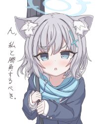 Rule 34 | 1girl, animal ear fluff, animal ears, black jacket, blazer, blue archive, blue eyes, blue halo, blue scarf, blush, cross hair ornament, grey hair, haine (artist), hair ornament, halo, highres, jacket, long sleeves, looking at viewer, medium hair, mismatched pupils, open mouth, scarf, shiroko (blue archive), shiroko (young) (blue archive), simple background, solo, translation request, upper body, white background, wolf ears