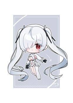 Rule 34 | 1girl, armpit cutout, artist name, black gloves, bodysuit, breasts, chibi, cinderella (nikke), cleavage, cleavage cutout, clothing cutout, commentary, deformed, floating, gloves, goddess of victory: nikke, gradient background, hair ornament, hair over one eye, highres, large breasts, long hair, long sleeves, looking at viewer, momori sensei, multicolored gloves, outstretched arm, red eyes, see-through clothes, see-through skirt, signature, skirt, solo, thigh cutout, twintails, very long hair, white background, white bodysuit, white gloves, white hair