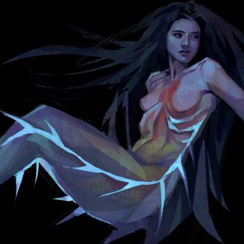 1girl absurdres black_background black_hair colored_skin commentary floating highres long_hair looking_to_the_side mermaid messy_hair monster_girl nude original outstretched_arms painterly purple_skin ribs simple_background solo symbol-only_commentary twulfs very_long_hair