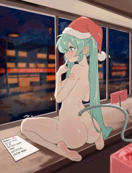 1girl absurdres ass barefoot breasts commentary completely_nude english_commentary feet finger_to_mouth hat hatsune_miku heart highres long_hair nipples nude piutahayo santa_hat sitting small_breasts soles solo twintails vocaloid