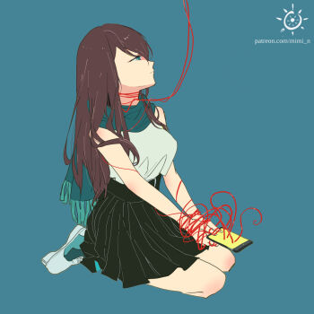 1girl addiction black_skirt blue_background blue_eyes brown_eyes cellphone from_side green_scarf long_hair mimi_n original phone scarf shirt shoes simple_background sitting skirt sleeveless sleeveless_shirt smartphone solo string string_of_fate