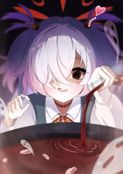 1girl absurdres black_background black_eyes blue_archive blurry bright_pupils brown_eyes brown_ribbon collared_shirt commentary_request depth_of_field eyelashes flask ghost grey_hair hair_over_one_eye hakuchon821 halo hands_up heart highres holding holding_flask kanoe_(blue_archive) long_bangs long_hair long_sleeves looking_down multicolored_eyes neck_ribbon one_eye_covered open_mouth red_halo ribbon ripples round-bottom_flask scar scar_on_neck school_uniform shirt simple_background smile solo steam two-tone_eyes two_side_up underlighting upper_body white_pupils white_shirt