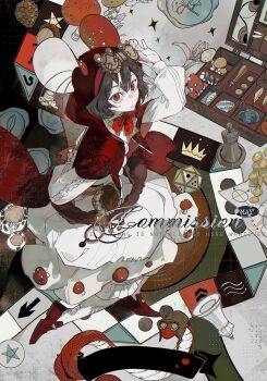 1girl absurdres animal animal_ears board_game bow bowtie box brown_hair chess_piece closed_mouth coin commission dress eyelashes fake_animal_ears flower hai_yexing_ren hair_between_eyes highres long_sleeves looking_at_viewer mihuashi_commission multicolored_hair mushroom original pale_skin red_bow red_bowtie red_eyes red_shoes shoes short_hair sidelocks smile snake solo streaked_hair watermark