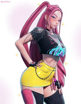 3d absurdres arched_back artist_name black_gloves black_shirt blush breasts chain choker commentary cowboy_shot cropped_shirt earrings english_commentary eyeshadow facing_to_the_side fingerless_gloves gloves half_updo hand_on_own_hip hand_on_own_thigh highres jewelry kpop_demon_hunters large_breasts legs_apart long_hair long_sidelocks looking_at_viewer makeup midriff mika_dawn miniskirt mira_(kpop_demon_hunters) narrow_waist parted_bangs parted_lips pink_hair pink_lips shirt sidelocks sideways_glance simple_background skinny skirt sparkle standing thick_thighs thighs twintails very_long_hair yellow_skirt