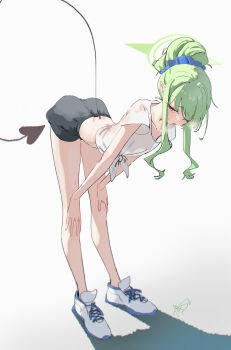 1girl absurdres bent_over black_shorts blue_archive blue_scrunchie breasts dan_nako demon_tail full_body green_hair green_halo hair_bun hair_ornament hair_scrunchie halo hands_on_own_knees highres hikari_(blue_archive) long_tail looking_down open_mouth pointy_ears scrunchie see-through_clothes see-through_shirt see-through_silhouette shadow shirt shoes short_shorts shorts single_hair_bun small_breasts sneakers solo standing sweat sweaty_clothes tail white_background white_shirt white_shoes