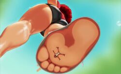 1boy 1girl 2022 animated ass bare_legs black_shorts blurry breasts bully_(pogojo) clothed_female_nude_male clothes_writing commentary depth_of_field english_commentary from_below inside_shoes kneepits large_breasts lips looping_animation medium_hair midriff navel no_bra nude open_mouth original outdoors perspective pink_footwear pink_shirt pogojo pov red_hair shiny_skin shirt shoes short_shorts shorts side_ponytail sound stepped_on teeth trampling underboob upper_teeth_only upshirt video walking x-ray