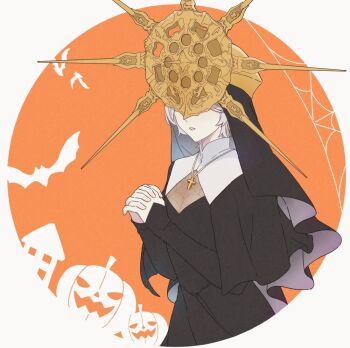 1boy animal_print bat_print cropped_legs cross cross_necklace crossdressing crossdressing_(mtf) dark_souls_(series) dark_souls_i dark_sun_gwyndolin gold_headwear grey_hair jewelry long_sleeves necklace nun orange_background own_hands_together pumpkin_print short_hair solo susukeya teeth upper_body white_background