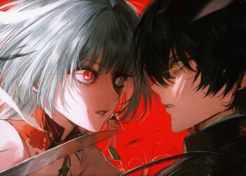 Rule 34 | 1boy, 1girl, black hair, commentary, earrings, eye contact, from side, grey eyes, grey hair, heterochromia, highres, jewelry, long hair, looking at another, male rover (wuthering waves), parted lips, phrolova (wuthering waves), red background, red eyes, red pupils, rover (wuthering waves), seapall, wuthering waves, yellow eyes