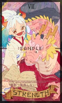 1boy 1girl aged_down alternate_form black_border blush book border card_(medium) commentary dragon dragon_horns eastern_dragon_horns english_commentary facial_hair hakama highres holding holding_book horns japanese_clothes kimono kouzuki_momonosuke mustache one_piece open_mouth ponytail red_hakama roman_numeral sample_watermark siyangou49 strength_(tarot) tarot tarot_(medium) watermark white_hair white_kimono yamato_(one_piece)