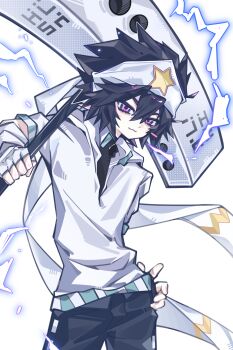 Rule 34 | 1boy, :3, absurdres, aotu world, bandana, black hair, black pants, black shirt, chinese commentary, closed mouth, commentary request, cowboy shot, electricity, electrokinesis, fingerless gloves, gloves, hair between eyes, hammer, hand on own hip, hdng0801, headband, highres, holding, holding hammer, holding weapon, hood, hood down, hooded jacket, jacket, lightning bolt symbol, looking at viewer, male focus, pants, pink eyes, pointy ears, print headband, purple eyes, ray (aotu world), shirt, simple background, smile, solo, spiked hair, star (symbol), star print, turtleneck, weapon, white background, white gloves, white jacket