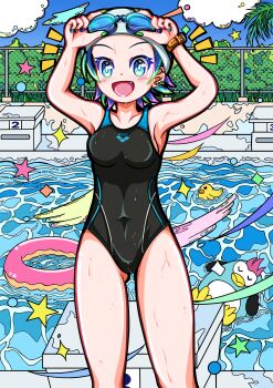 1girl absurdres armpits arms_up black_one-piece_swimsuit blue_eyes blue_hair cloud cloudy_sky collarbone commentary_request competition_swimsuit covered_navel day ear_piercing floating goggles goggles_on_head highleg highleg_one-piece_swimsuit highres kiriu_makoto_(ryuusei_rondo) looking_at_viewer multicolored_hair one-piece_swimsuit open_mouth original outdoors palm_tree piercing pool rubber_duck short_hair sky solo standing starting_block swim_cap swim_goggles swim_ring swimsuit tree watch water wet wristwatch