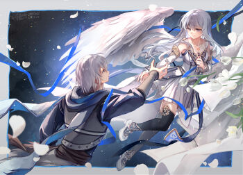 1boy 1girl angel_wings black_thighhighs border breasts commentary_request dated detached_sleeves dress eye_contact feathered_wings flower grey_border grey_hair highres hooded_shirt jewelry long_hair looking_at_another medium_breasts necklace outside_border parted_lips purple_eyes reaching reaching_towards_another reah_(ys) shoes short_hair smile thighhighs toal_fact white_dress white_flower white_shoes white_wings willfin wings ys ys_origin