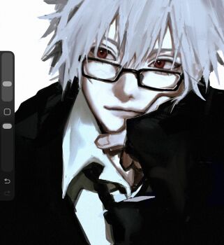 Rule 34 | 1boy, art program in frame, bespectacled, black-framed eyewear, black necktie, closed mouth, collared shirt, commentary request, glasses, greyscale, highres, jacket, looking to the side, male focus, monochrome, nagisa kaworu, necktie, neon genesis evangelion, rectangular eyewear, red eyes, retiyan, shirt, short hair, simple background, solo, suit jacket, white background, white shirt