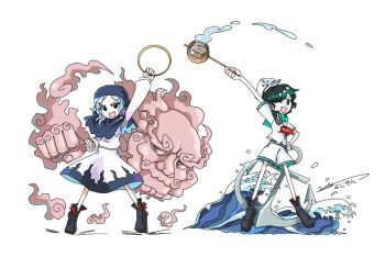1boy 2girls anchor anchor_symbol black_hair black_shoes blue_capelet blue_hair buddhist_nun capelet chakram clenched_hand cloud collar collared_shirt dress facial_hair floating green_collar green_eyes green_sailor_collar grey_eyes hand_on_own_hip hand_up happy hat highres holding holding_ladder holding_weapon hood hooded_capelet kumoi_ichirin ladder long_sleeves medium_hair multiple_girls murasa_minamitsu mustache neckerchief nun one_eye_closed parted_bangs red_neckerchief sailor sailor_collar sailor_hat sailor_shirt shirt shoes short_hair short_sleeves shorts signature simple_background sleeves_past_wrists smile touhou undefined_fantastic_object unzan veil water waves weapon white_background white_dress white_hat white_shirt yoiy_san