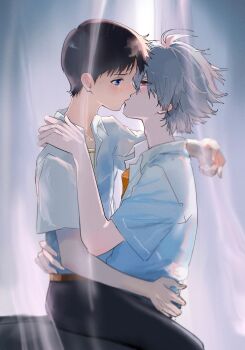 Rule 34 | 2boys, belt, black pants, black shirt, blue eyes, blush, brown belt, collared shirt, commentary, eye contact, french kiss, from side, grey hair, highres, ikari shinji, kiss, looking at another, male focus, multiple boys, nagisa kaworu, neon genesis evangelion, orange shirt, pants, red eyes, school uniform, shirt, short sleeves, sitting, sitting on lap, sitting on person, soraaaa53, symbol-only commentary, tokyo-3 middle school uniform, white shirt, yaoi