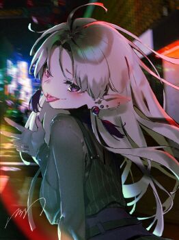 1girl :p absurdres blonde_hair blurry blush commentary_request depth_of_field dress ear_piercing earrings highres jewelry long_hair long_pointy_ears looking_at_viewer looking_back night original outdoors piercing pointy_ears purple_eyes rolua smile solo tongue tongue_out upper_body v