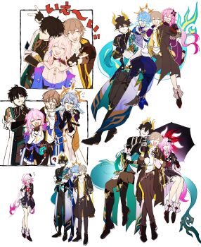 Rule 34 | 1girl, 3boys, ^ ^, belt, black hair, blue hair, caelus (honkai: star rail), closed eyes, commentary request, dan heng (honkai: star rail), dan heng (hunt) (honkai: star rail), dan heng (permansor terrae) (honkai: star rail), dragon boy, dress, evernight (honkai: star rail), flower, gloves, grey hair, hair between eyes, hair ornament, hairclip, happy, highres, honkai: star rail, honkai (series), jacket, long hair, march 7th (honkai: star rail), march 7th (preservation) (honkai: star rail), medium hair, multiple boys, multiple expressions, pants, pink hair, pointy ears, sakae 0 0, shirt, shoes, skirt, sunday (honkai: star rail), trailblazer (honkai: star rail), umbrella, very long hair