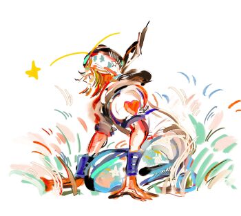 1boy arm_support beanie feathers grass hat heart_ornament highres hood hood_down johnny_joestar jojo_no_kimyou_na_bouken kneeling male_focus medium_hair motunikomi orange_hair pants profile short_sleeves sitting solo star_(symbol) star_print steel_ball_run white_hat wristband
