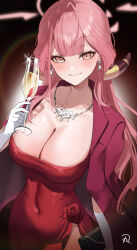 Rule 34 | 1girl, ahoge, alcohol, aru (blue archive), aru (dress) (blue archive), blue archive, breasts, champagne, cleavage, closed mouth, commentary request, covered navel, cup, demon horns, dress, drinking glass, earrings, glint, gloves, halo, highres, holding, holding cup, horns, jacket, jacket on shoulders, jewelry, large breasts, lens flare, light particles, looking at viewer, maru hatena, necklace, pink hair, pink halo, red dress, red jacket, side slit, smile, solo, white gloves, women&#039;s wallet, yellow eyes