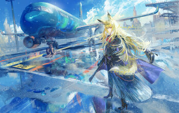 1girl absurdres aircraft airplane airport animal_ear_fluff animal_ears arknights black_boots black_coat black_skirt blonde_hair boots closed_mouth coat commentary_request day full_body high_heel_boots high_heels highres long_hair long_sleeves looking_at_viewer lyylinkong multicolored_hair orange_eyes outdoors reflection reflective_water sample_watermark scenery skirt smile solo standing streaked_hair tail vulpisfoglia_(arknights) water watermark watermark_grid white_hair wind yellow_tail