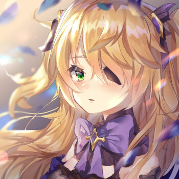 1girl bare_shoulders blonde_hair blush eyelashes eyepatch feathers fischl_(genshin_impact) genshin_impact green_eyes guzangnanfeng hair_ornament hair_over_one_eye highres long_hair neck_ribbon purple_ribbon ribbon