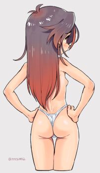1girl ass backboob blush breasts cropped_legs facing_away from_behind gradient_hair grey_background hands_on_own_hips highres loli long_hair multicolored_hair original oyatsu_(mk2) panties red_eyes simple_background small_breasts solo thigh_gap topless_female turning_head twitter_username underwear wedgie white_panties