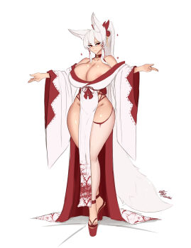 1girl animal_ears areola_slip blush breasts cleavage closed_mouth collar fox_ears fox_girl fox_tail full_body groin hair_between_eyes highres huge_breasts japanese_clothes kimono krass lips long_hair looking_at_viewer nail_polish okobo original outstretched_arms platform_clogs platform_sandals ponytail red_collar red_eyes sandals simple_background smile solo spread_arms tail toenail_polish toenails white_background white_hair white_kimono