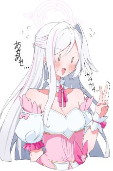 1girl bare_shoulders blue_archive blush breasts bustier cleavage corset crescent crescent_hair_ornament detached_sleeves flying_sweatdrops hair_ornament halo head_wings highres kituneginoe long_hair looking_at_viewer magical_girl medium_breasts o_o official_alternate_costume open_mouth pink_corset pink_halo red_eyes single_head_wing small_sweatdrop solo suzumi_(blue_archive) suzumi_(magical)_(blue_archive) triangle_mouth upper_body v white_background white_hair wings