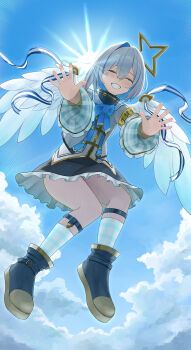 1girl absurdres amane_kanata amane_kanata_(1st_costume) angel angel_wings ankle_strap blue_hair blue_shoes blue_sky closed_eyes closed_mouth cloud grey_hair hair_intakes halo highres hololive kumare_yuki medium_hair multicolored_hair pink_streaks shoes sky smile socks solo star_halo streaked_hair sun tears virtual_youtuber white_socks wings