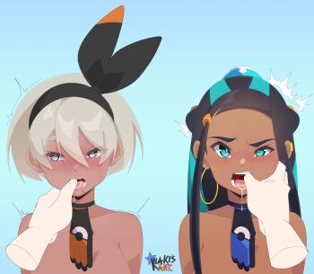 1boy 2girls absurdres artist_logo bea_(pokemon) black_choker blue_eyes blush choker commentary commission dark-skinned_female dark_skin disembodied_hand earrings english_commentary finger_in_another's_mouth gloves highres hoop_earrings jewelry kiakisart logo long_hair looking_at_viewer multiple_girls nessa_(pokemon) nintendo open_mouth pokemon pokemon_swsh short_hair simple_background