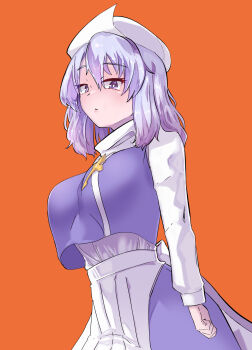 1girl absurdres apron breasts closed_mouth hat highres letty_whiterock long_sleeves looking_at_viewer medium_hair orange_background purple_hair simple_background solo touhou white_apron white_hat yet_you